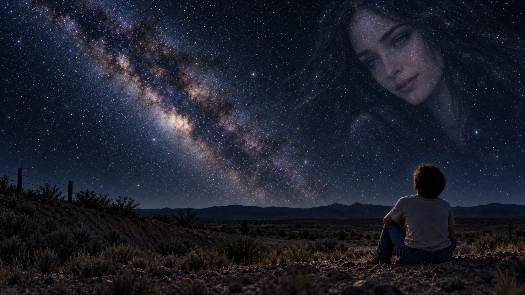 A young Don sits on a West Texas ranch beneath the Milky Way, looking up at Josie's faint face among the stars.